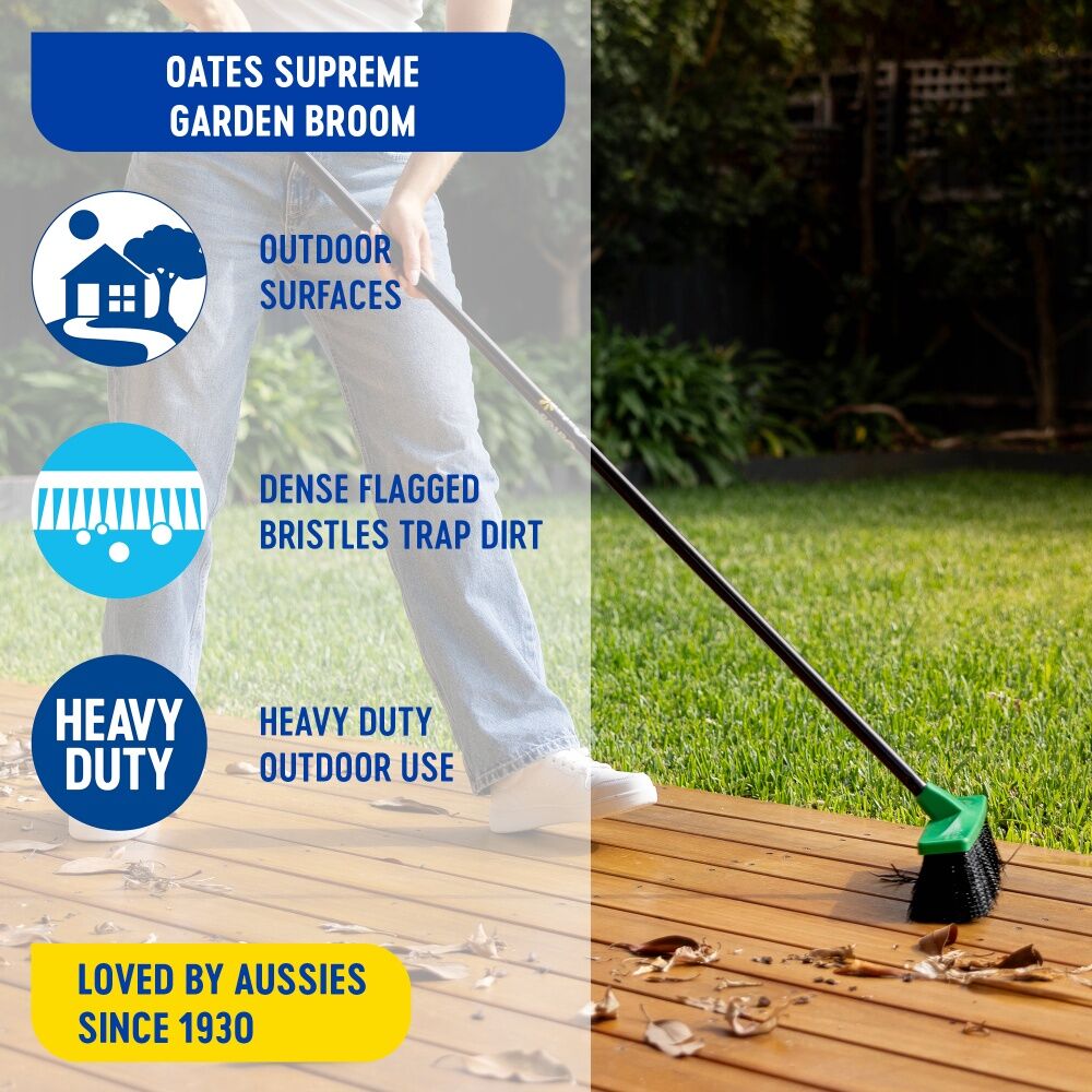 Oates Supreme Garden Broom System - Extra Stiff Dense Bristles for Heavy Duty Outdoor Use - 22mm Powder Coated Steel Handle - Green Base with Black — image 2