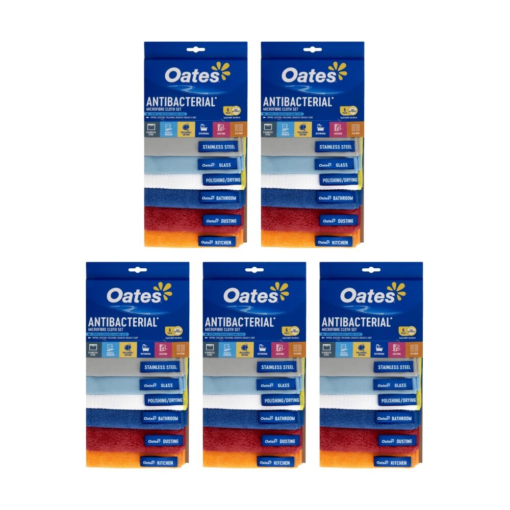 Oates 5x6pc Oates Antibacterial Microfibre Cloth Set Colour Coded Hygienic (5 Pack)