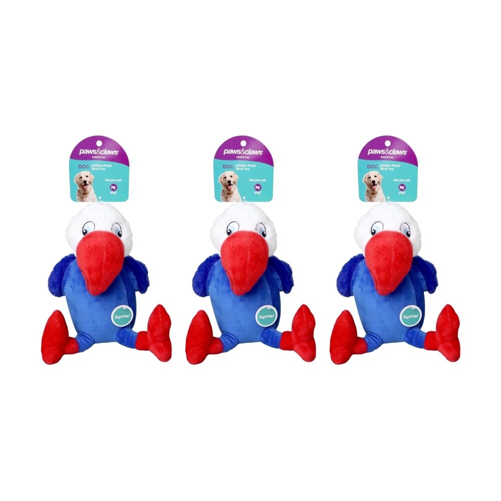 Paws and Claws Super Soft Jumbo Bird Plush Dog Pet Toy w/ Squeaker 30x22cm (3 Pack)