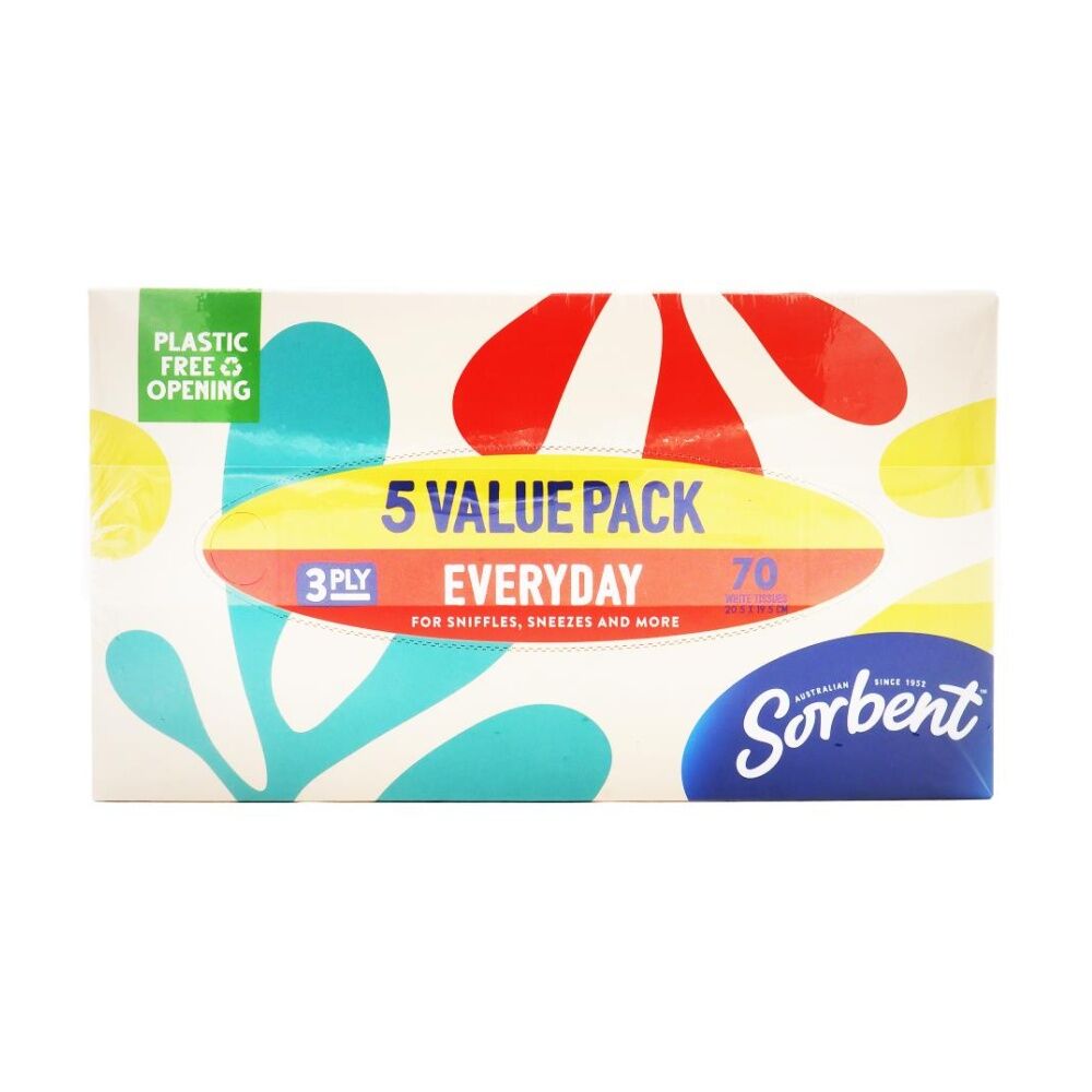 Sorbent 5x70pc Sorbent 3 Ply White Tissues Soft Durable Everyday Use Pack