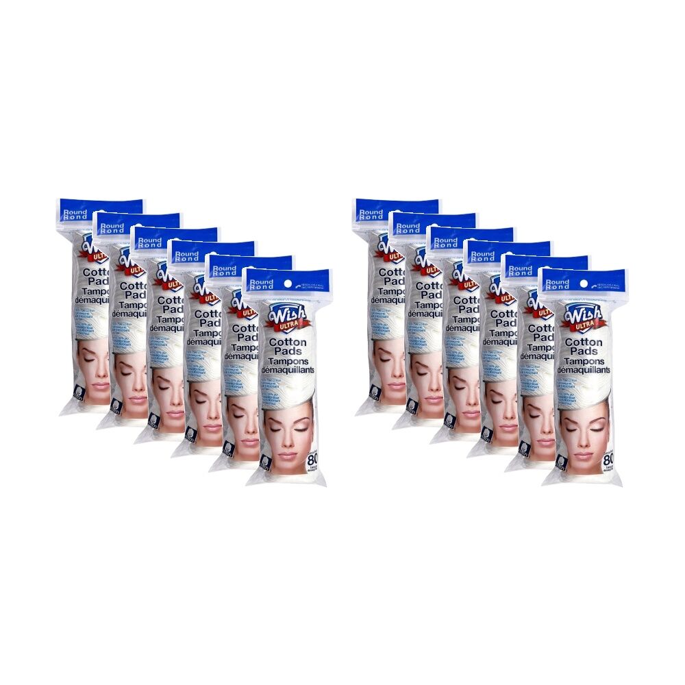 Wish 80pc Wish Ultra Round Pure Cotton Pads Hypoallergenic Absorbent (12 Pack)