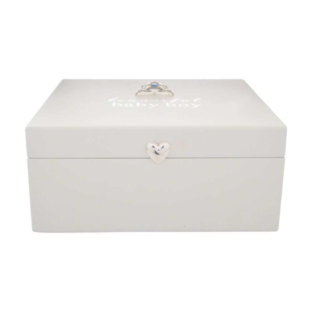 Gibson Gifts Baby Boy Keepsake Box Elegant Memory Box With Teddy Bear Blue Crystal Accent Hinged Lid Soft Lining MDF PU Polyester Metal White.