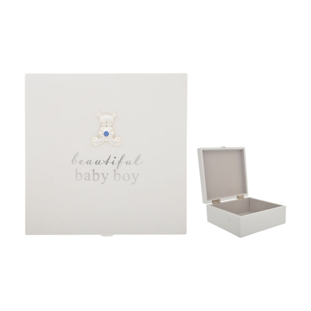 Gibson Gifts Baby Boy Keepsake Box Elegant Memory Box With Teddy Bear Blue Crystal Accent Hinged Lid Soft Lining MDF PU Polyester Metal White. — image 2
