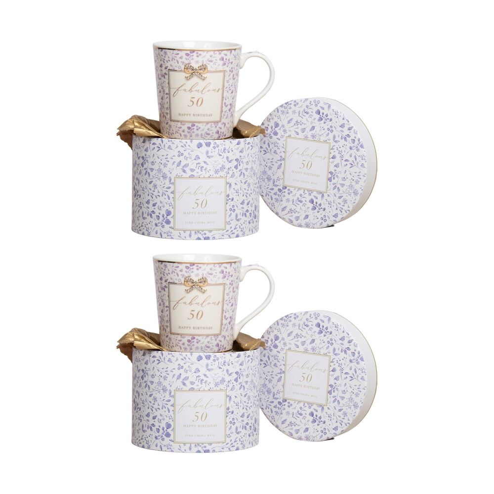 Madelaine 50th Birthday Fine China Coffee/Tea Mug Drink Cup Lavender (2 Pack)