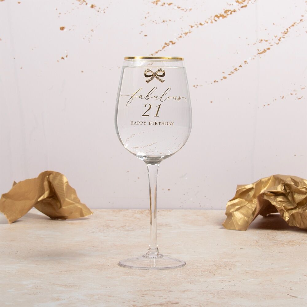 Madelaine 21st Script Bow Champagne/Red Wine Glass Stemmed Clear Gold — image 2