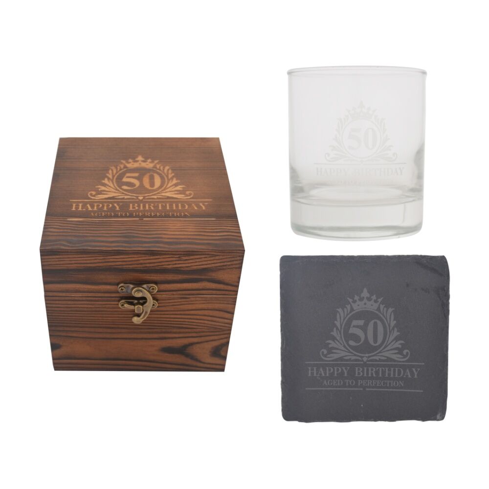 Gibson Gifts 50th Birthday Glass and Coaster Set - Whiskey Glass and Slate Coaster in Burnt Wood Engraved Keepsake Box - Glassware and Drinkware Gift