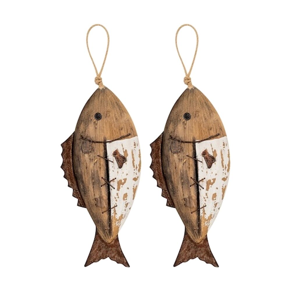 A.Fresco Timber Fish Indoor/Outdoor Coastal Home Decor Hanging Ornament 30x12x4cm (2 Pack)