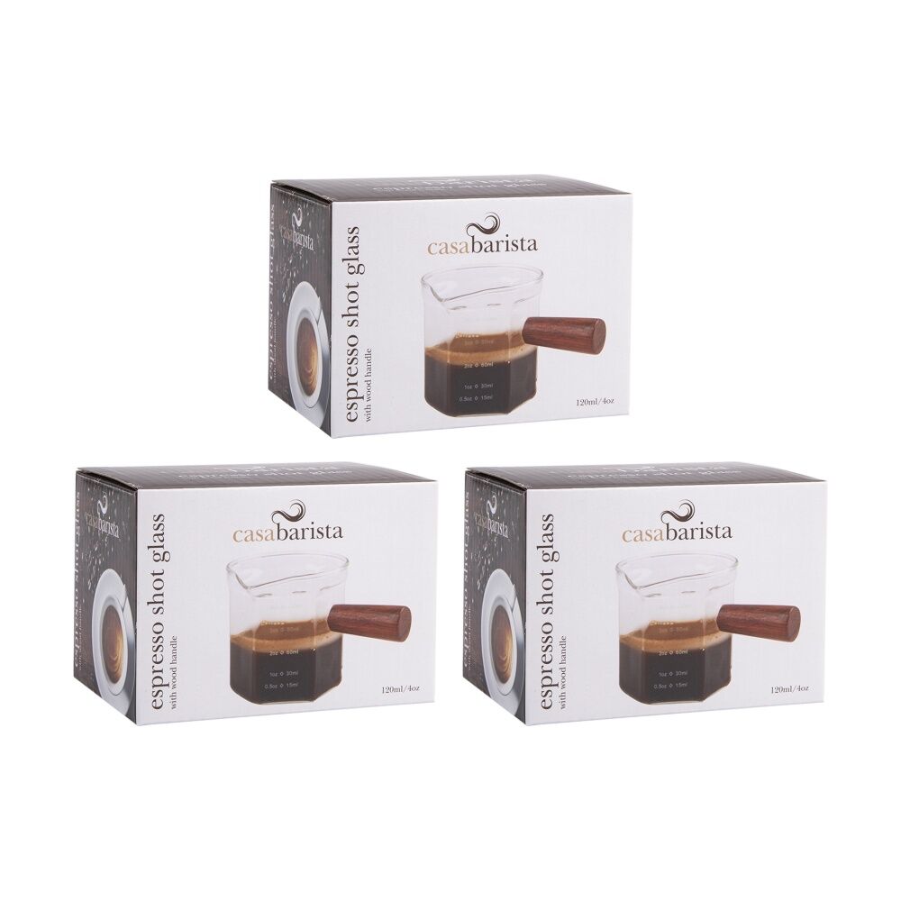 Casabarista Espresso Shot Glass w/ Wooden Handle & Spout 120ml (3 Pack)