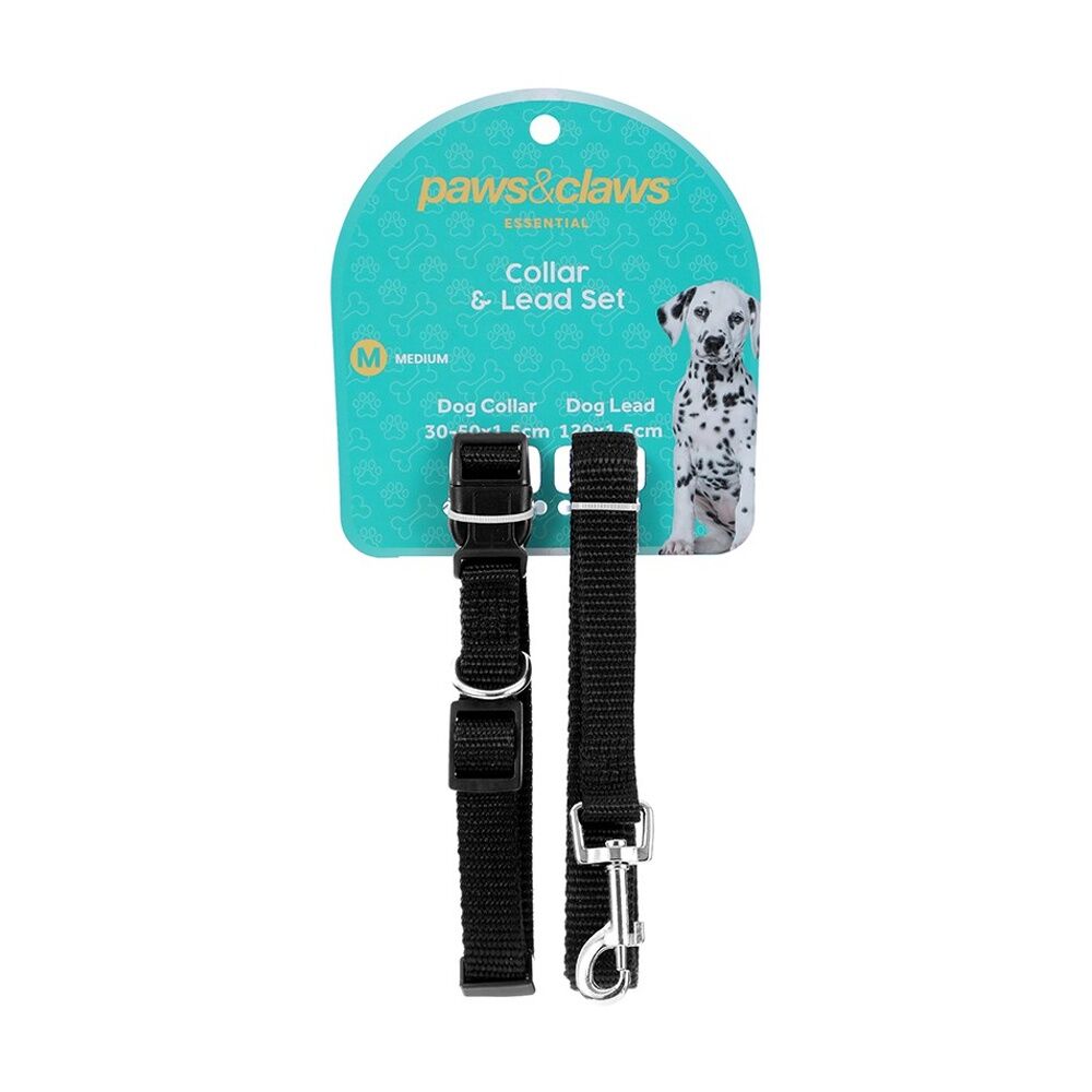 Paws and Claws 120x1.5cm Essentials Dog Collar & Lead Set Medium 30-50cm Asstd