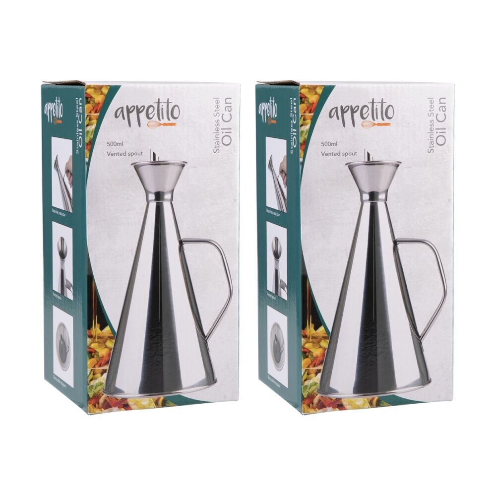 Appetito Durable Stainless Steel Oil Can w/ Vented Spout 500ml (2 Pack)