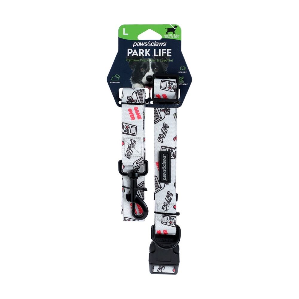 Paws and Claws 120x2.5cm Park Life Dog Collar & Lead Set Large 45-65cm Assorted