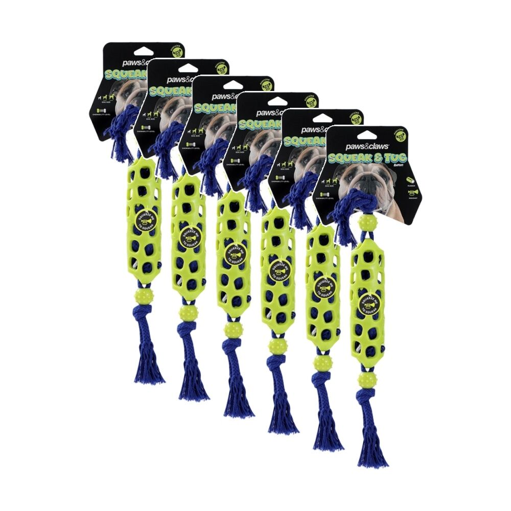 Paws and Claws Squeak & Tug Baton/Rope Pet Dog Chew/Fetch Toy 45x5x5cm Assorted (6 Pack)
