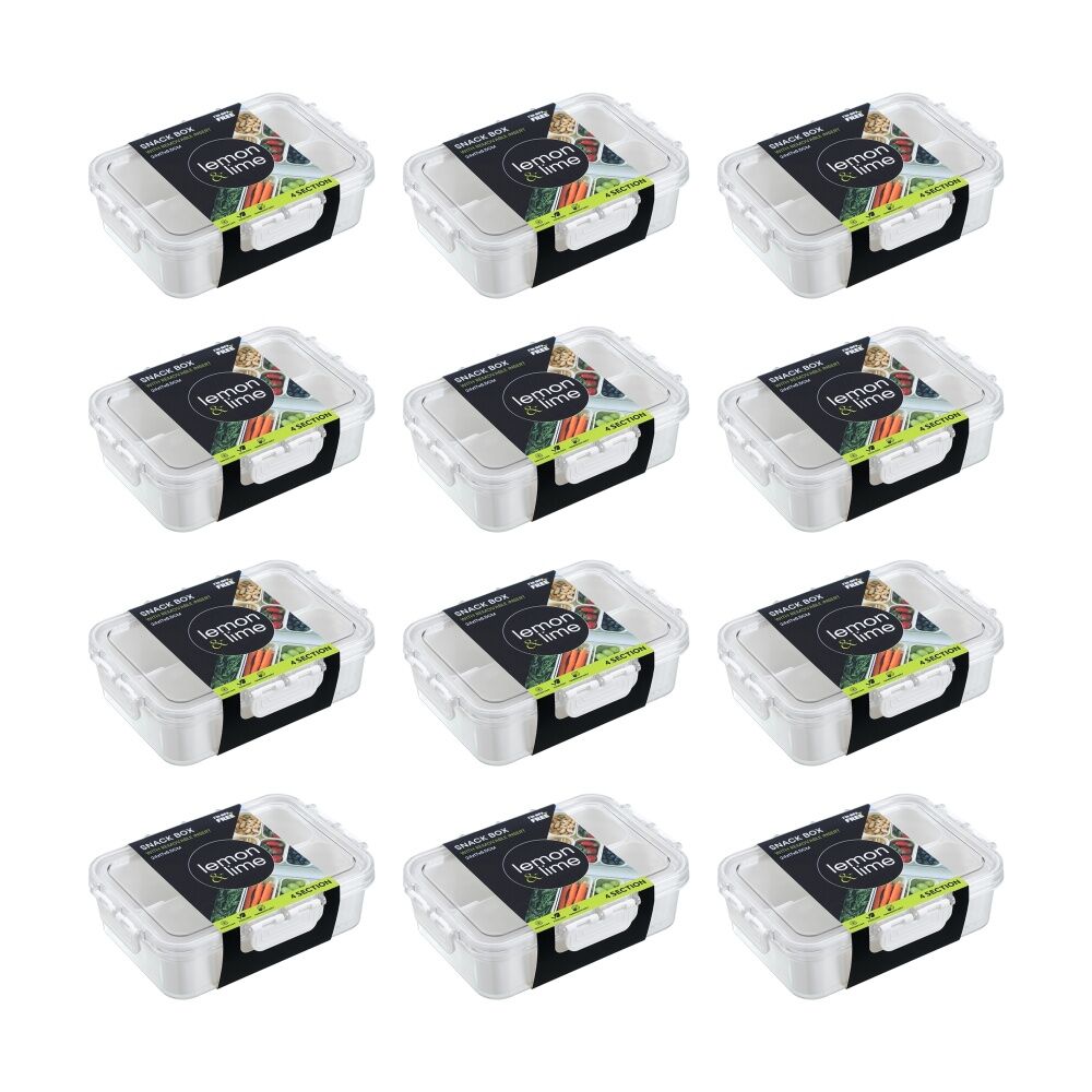 Lemon and Lime Snackal Box 4 Section Reusable Food Container 24x17x6.8cm (12 Pack)