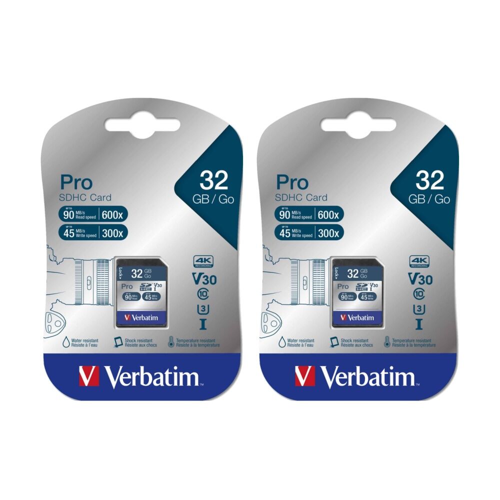 Verbatim Pro SDHC High Capacity Card UHS-I Reads 90MB/S Wires 45MB/S 32GB (2 Pack)