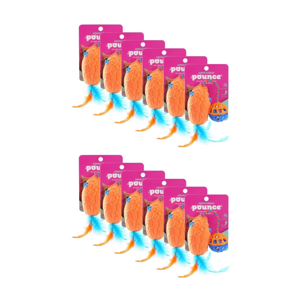 Paws and Claws Plush Mouse Cat Batting/Pouncing Toy w/ Rattle Ball Assorted (12 Pack)