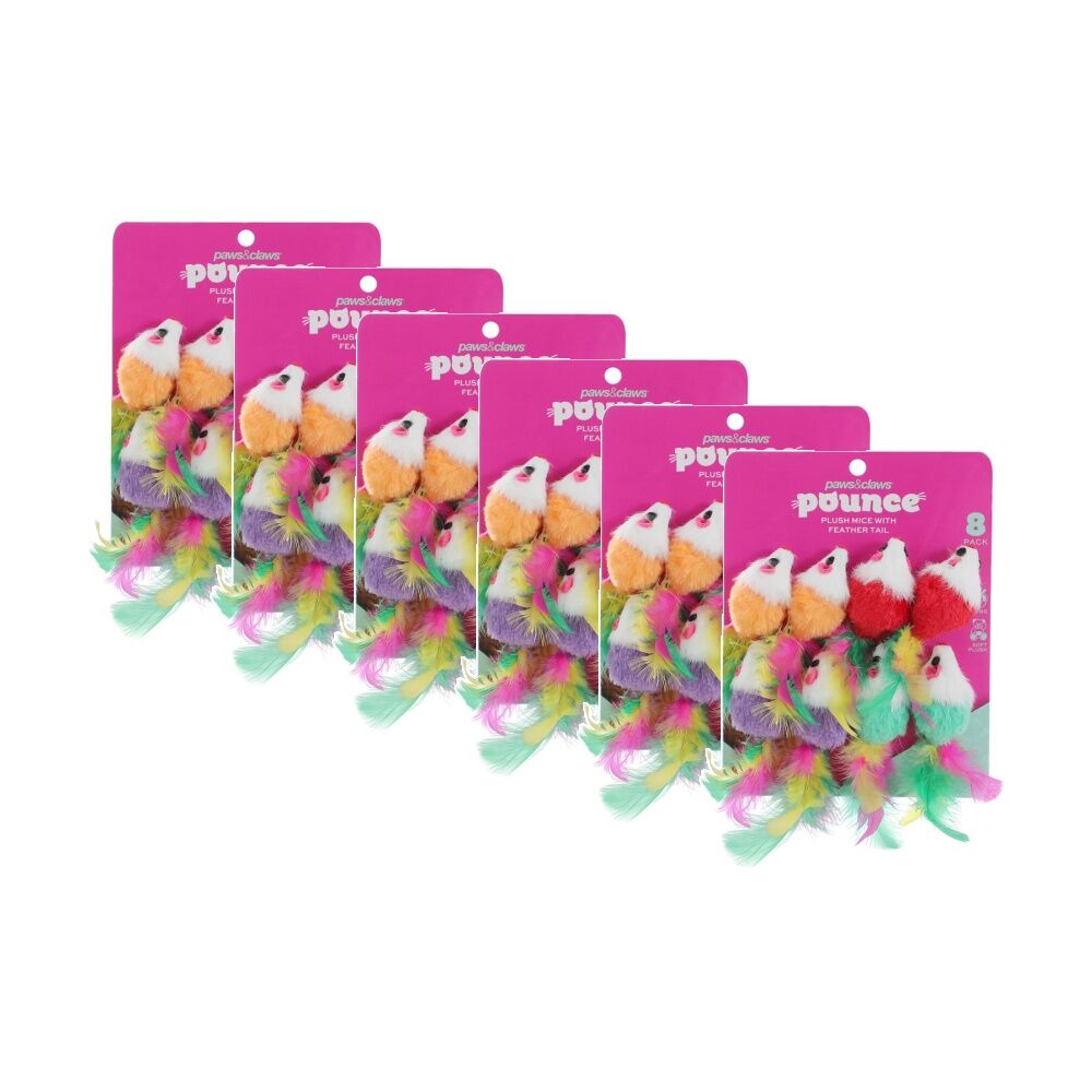Paws and Claws 8pc Paws And Claws Plush Mice Cat Batting/Pouncing Toy Set Multicoloured (6 Pack)