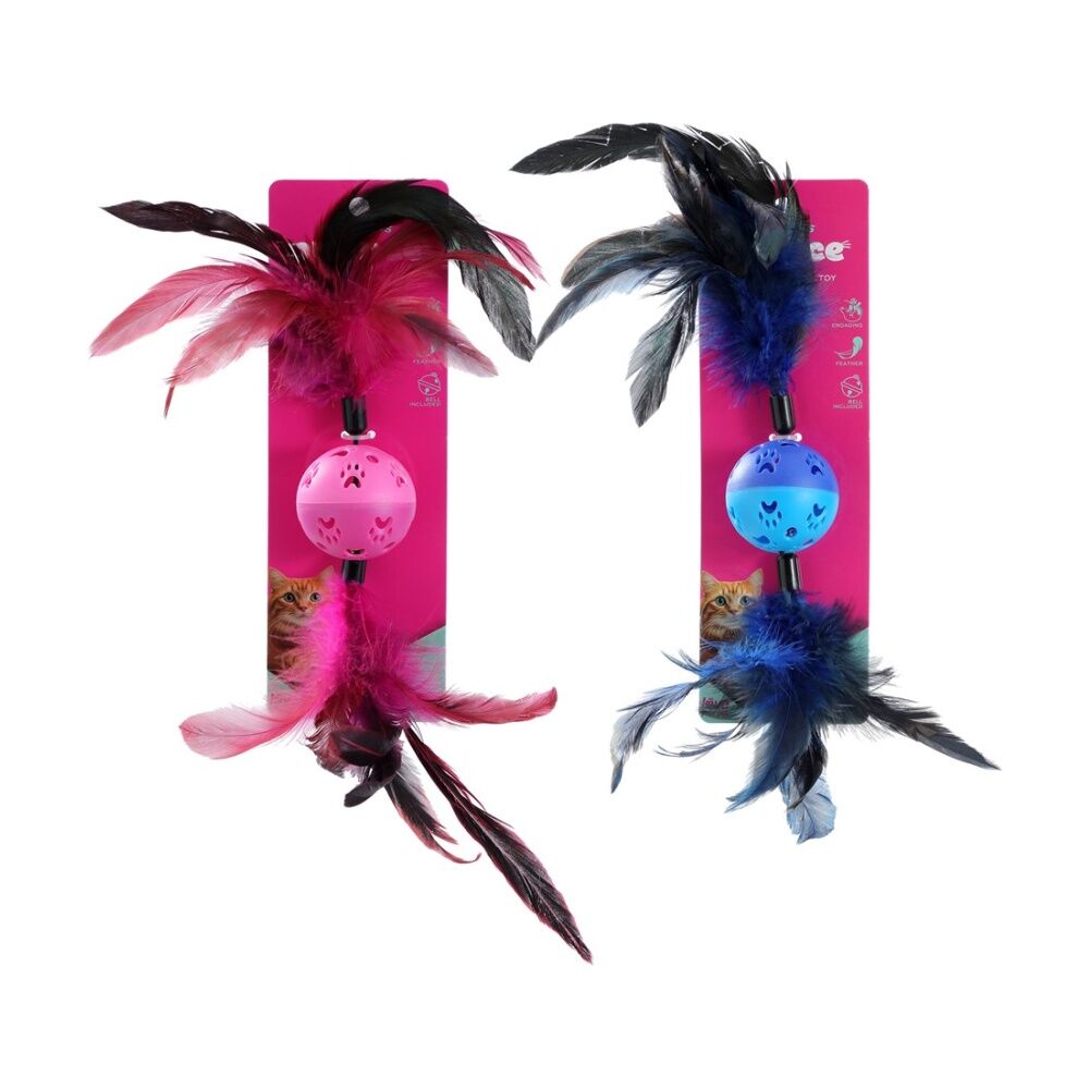 Paws and Claws Pounce Twin Feather Ball Toy - Assorted Colours - Engaging - Promotes Play For a Happy Healthy Cat - 37cm x 6cm — image 2