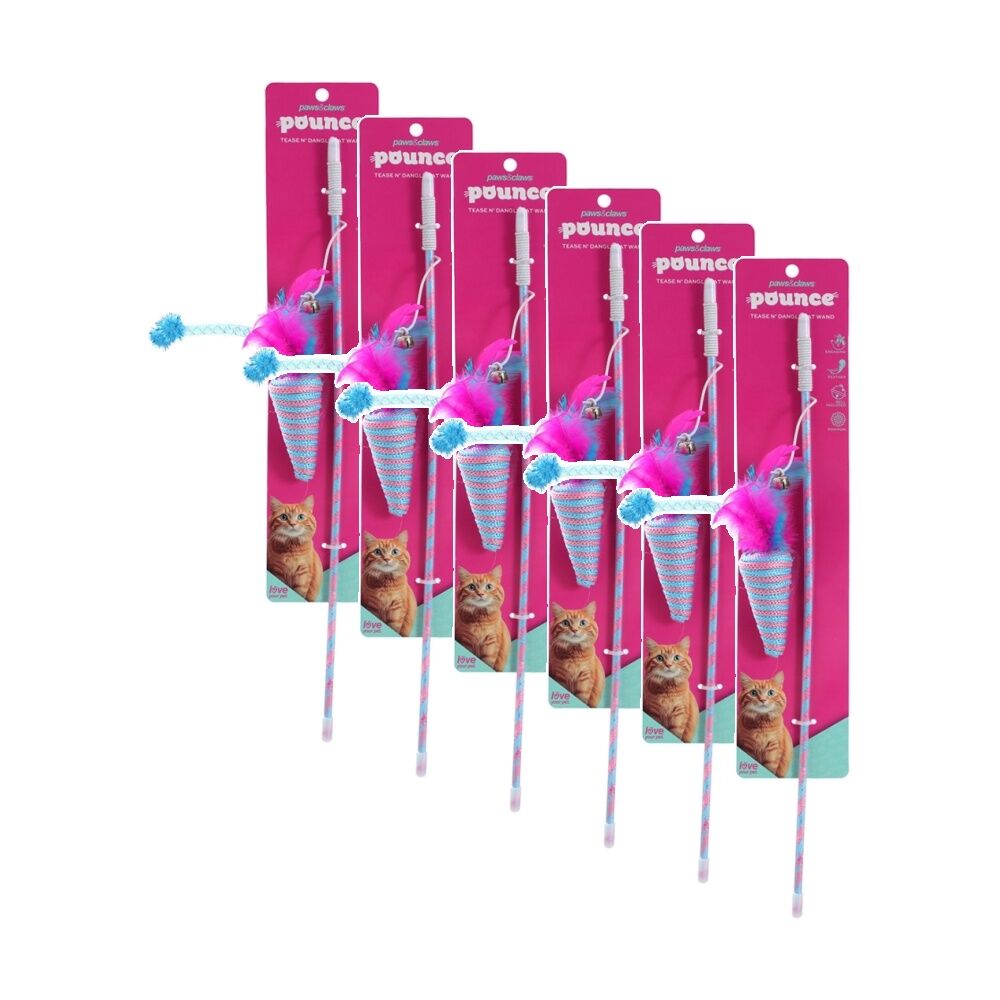 Paws and Claws Pounce Tease N Dangle Cat Toy Wand Bell Assorted 46x0.4cm (6 Pack)