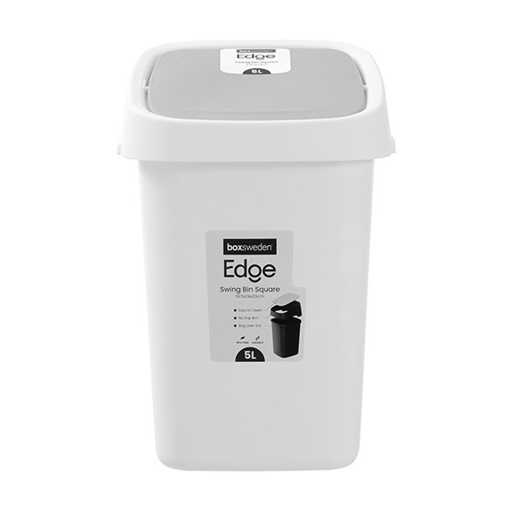 Boxsweden Edge Swing Easy Clean Rubbish Bin w/ No Drip Rim White Square 5L Boxsweden