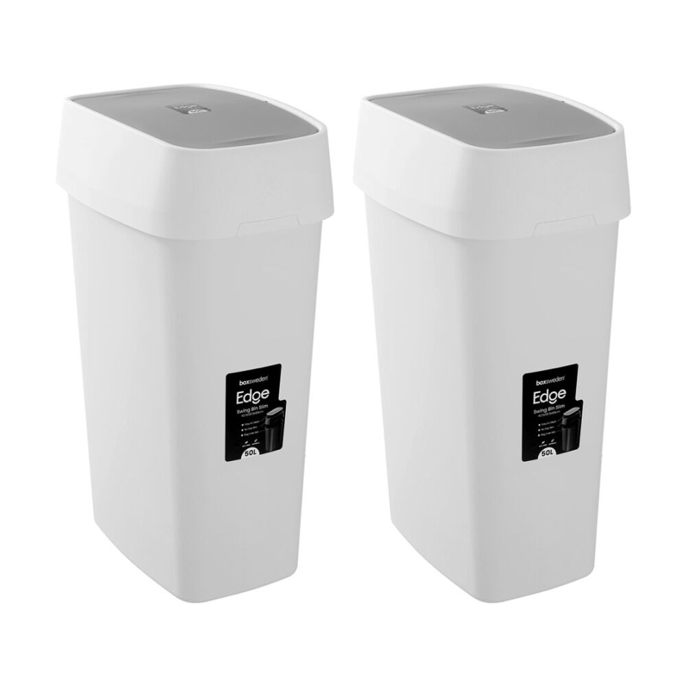 Boxsweden Edge Swing Easy Clean Rubbish Bin w/ No Drip Rim White Slim 50L (2 Pack)