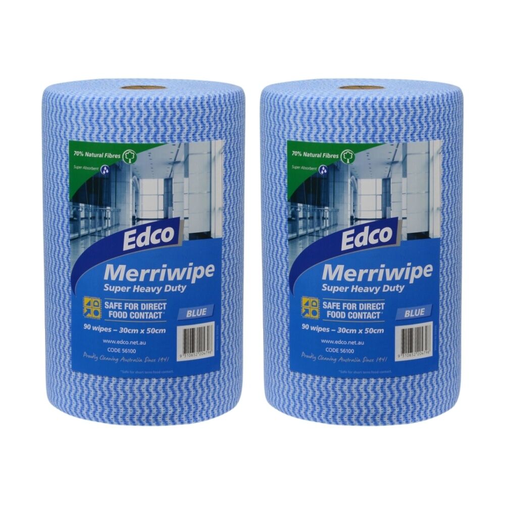 Edco 90pc Edco Merriwipe Heavy Duty Thick Cleaning Absorption Wipes Roll Blue (2 Pack)