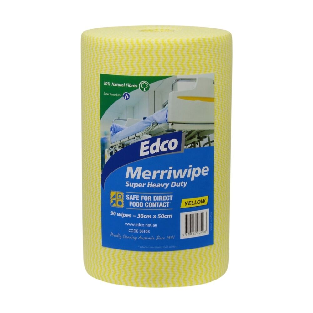 Edco Merriwipe Super Heavy Duty Thick Cleaning Absorption Wipes Roll (90 Pieces) — Yellow