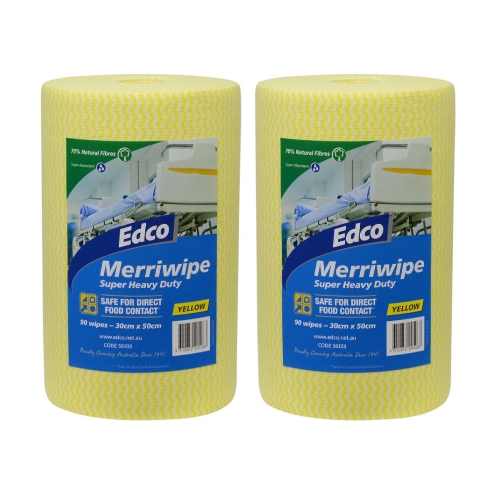 Edco 90pc Edco Merriwipe Heavy Duty Thick Cleaning Absorption Wipes Roll Yellow (2 Pack)