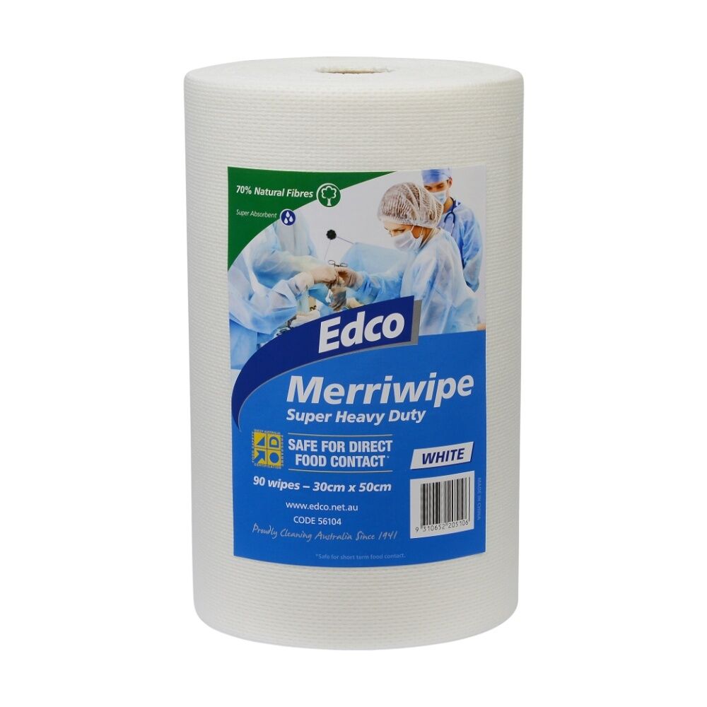 Edco Merriwipe Super Heavy Duty Thick Cleaning Absorption Wipes Roll (90 Pieces) — White