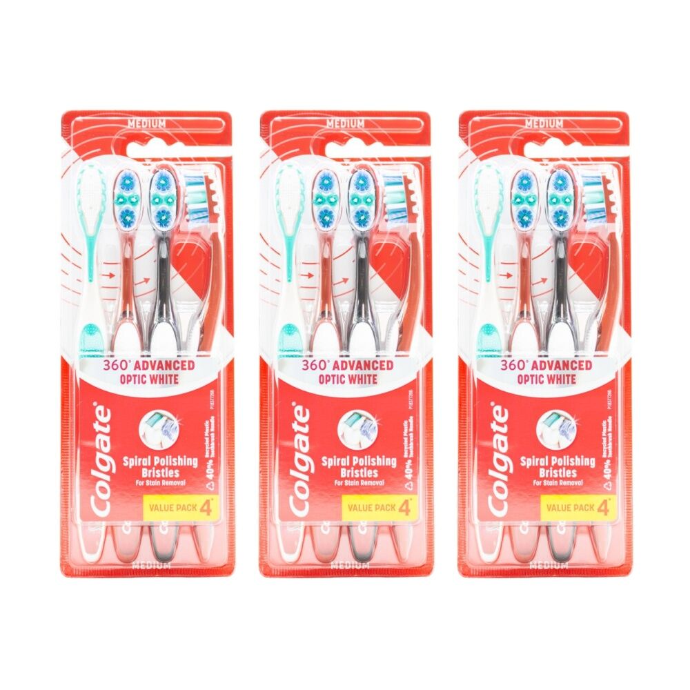 Colgate 4pc Colgate 360 Advanced Optic White Toothbrushes Assorted Medium (3 Pack)