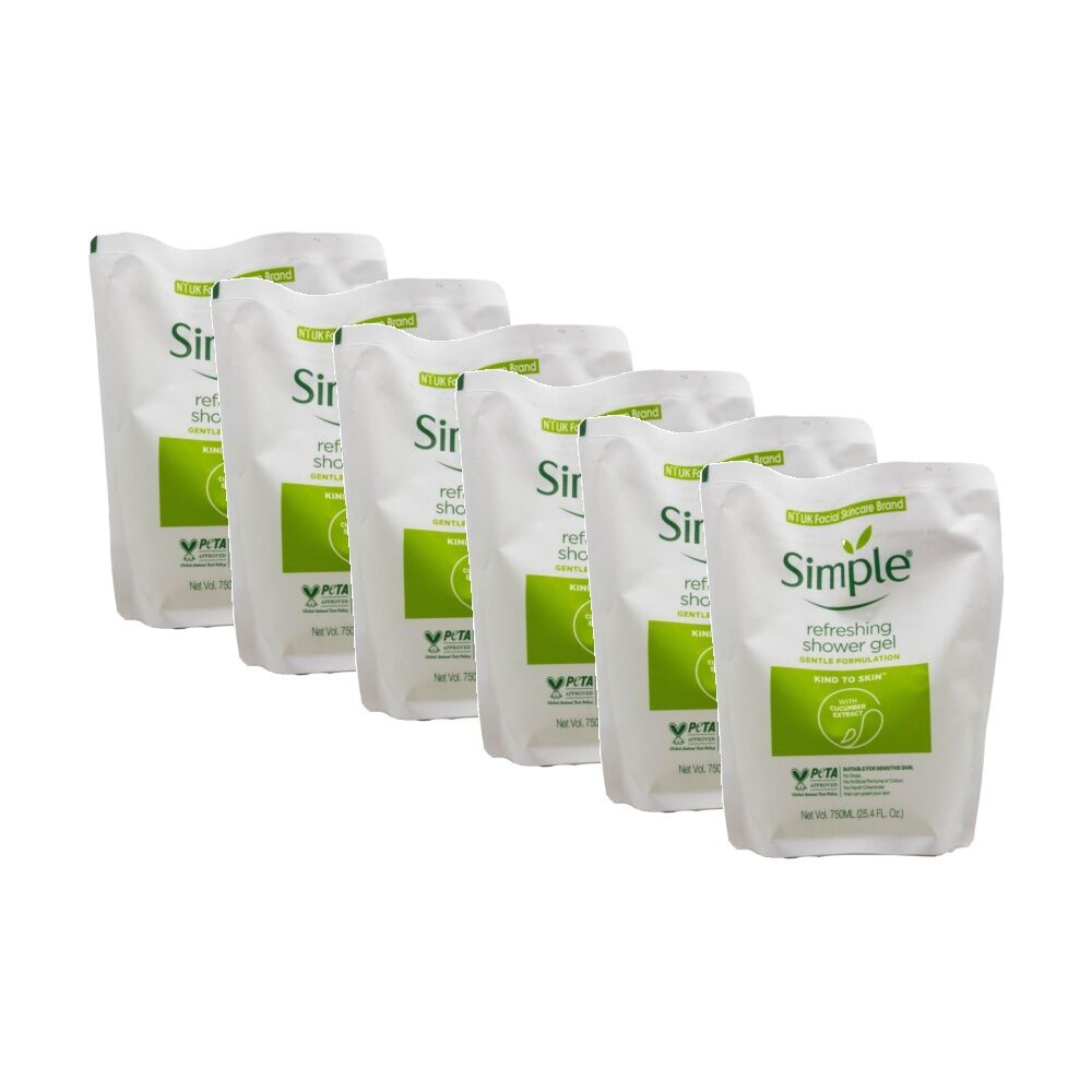 Simple Refreshing Shower Gel w/ Cucumber Extract For Sensitive Skin 750mL (6 Pack)