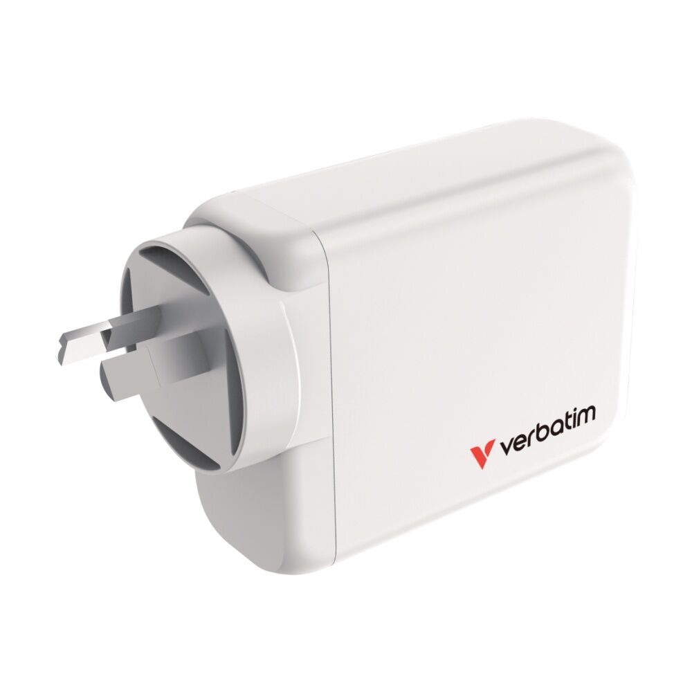 Verbatim White AU/NZ GaN Wall Plug Charger 100W USB 3C&1A 95 Percent PCR Plastic