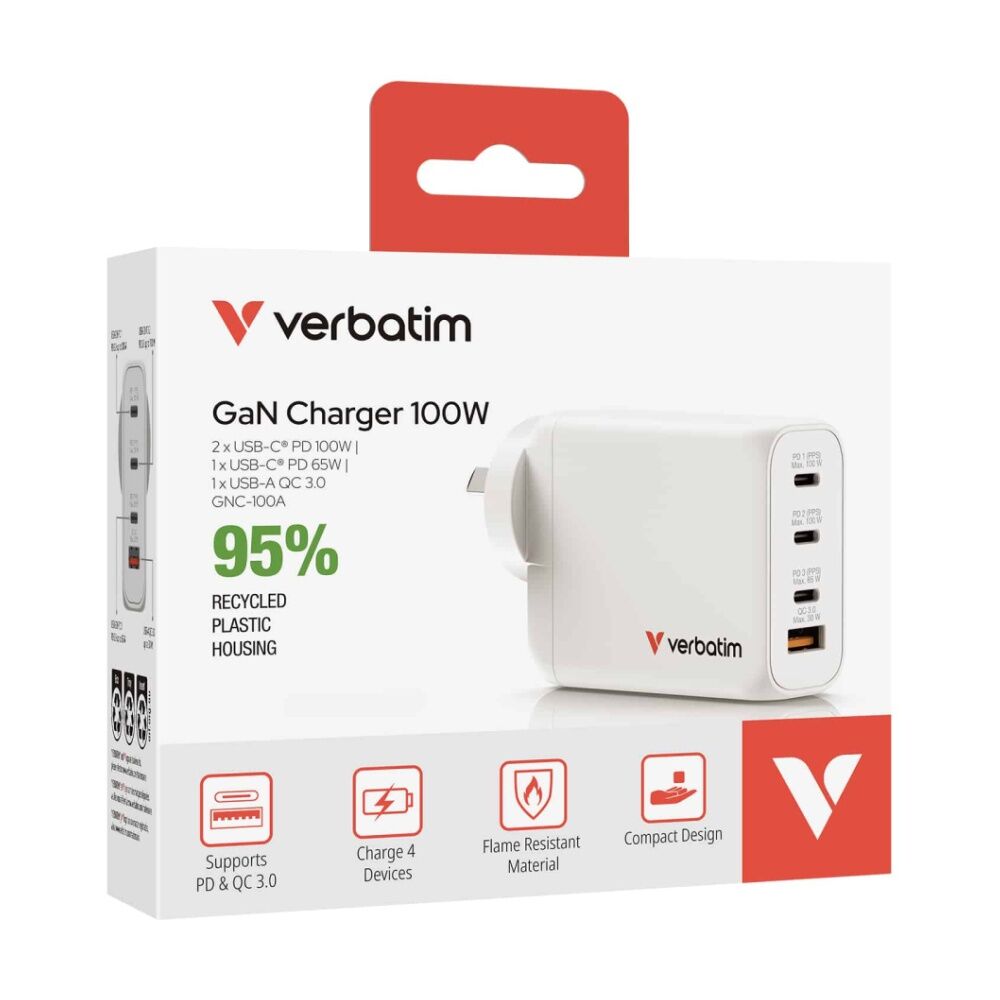 Verbatim White AU/NZ GaN Wall Plug Charger 100W USB 3C&1A 95 Percent PCR Plastic — image 7