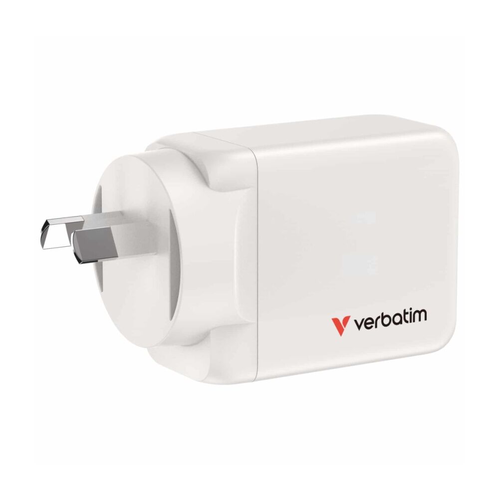 Verbatim White AU/NZ GaN Wall Plug Charger 3 Port 65W USB A/C PCR