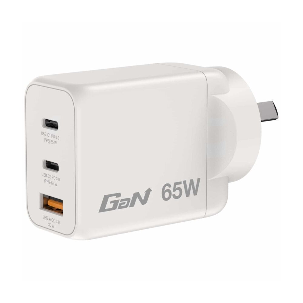 Verbatim White AU/NZ GaN Wall Plug Charger 3 Port 65W USB A/C PCR — image 3