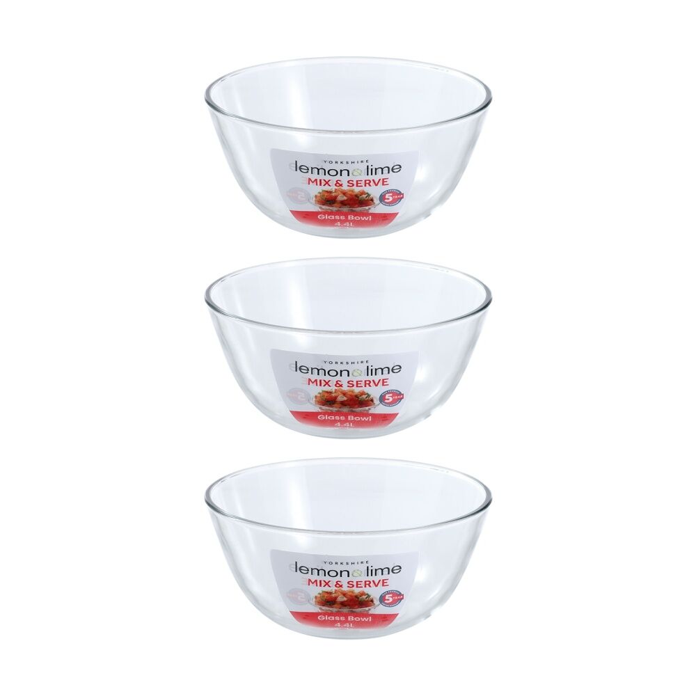Lemon and Lime Yorkshire Glass Mixing Bowl Durable 4.4L 27x27x12.5cm (3 Pack)