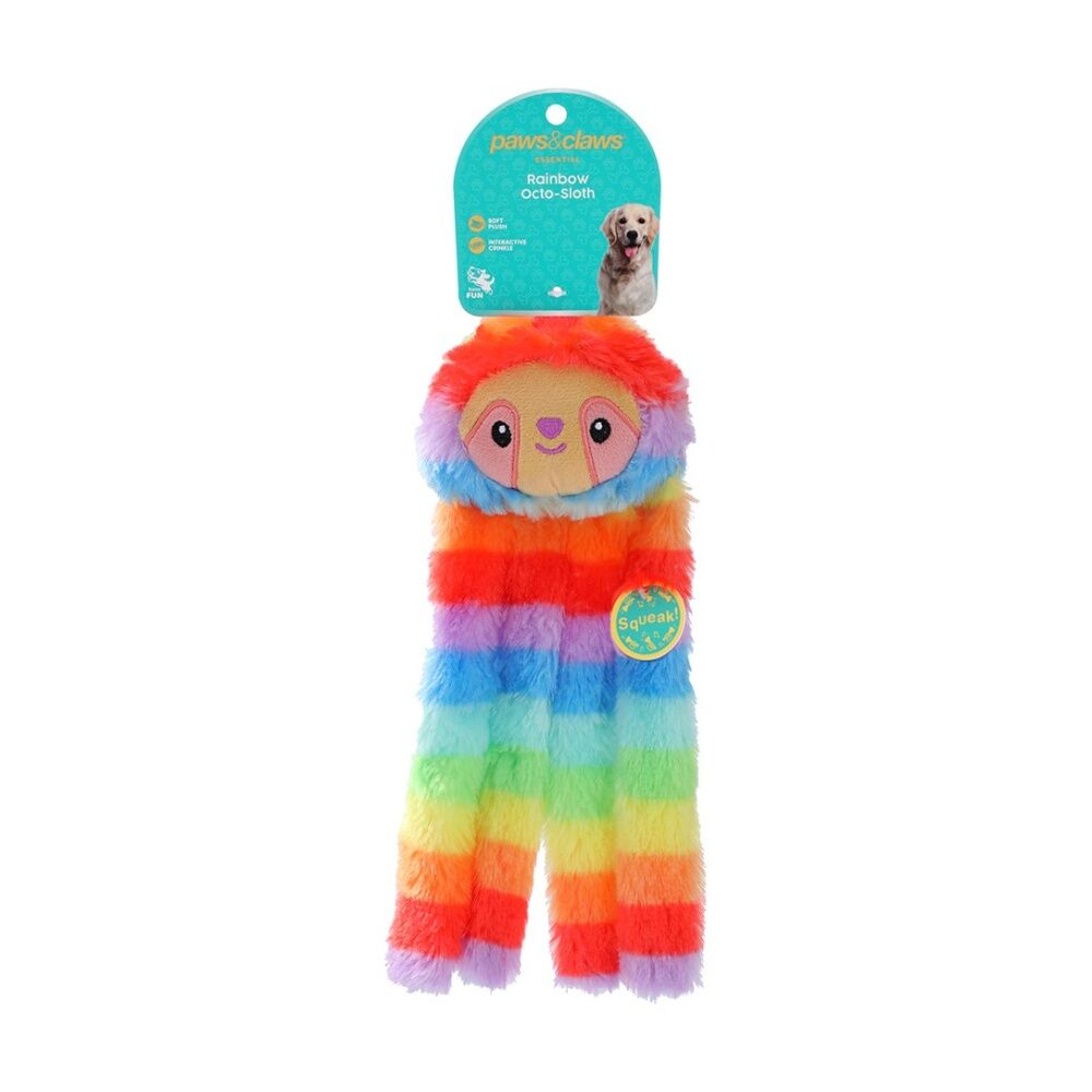Paws and Claws Rainbow Plush Crinkle Octo-Sloth Dog Chew/Cuddle/Tug Squeaker Toy