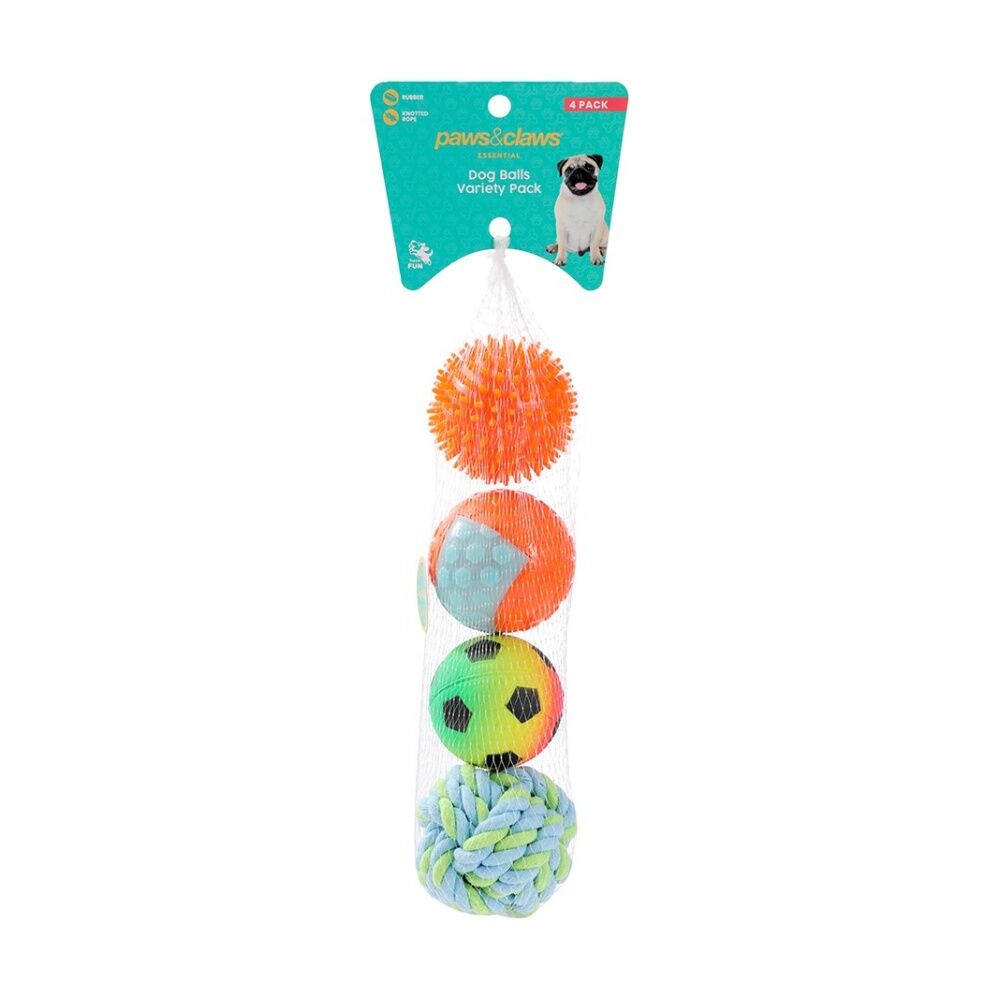 Paws and Claws Pet Dog Multi Ball Fetch/Catch Play Toy Set 6.5-7cm (4 Pieces)