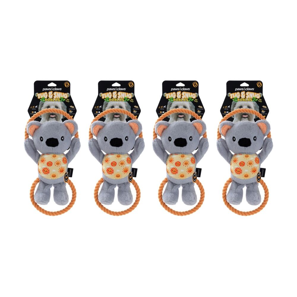 Paws and Claws Plush Koala Double Rope Tugger Pet Dog Toy Squeak 32x15x7cm (4 Pack)