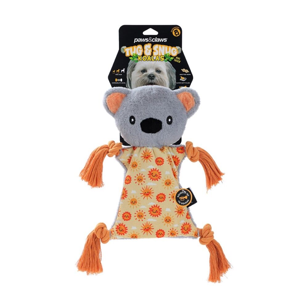 Paws and Claws Plush Koala Tugger Pet Dog Toy Rope Squeak 27x27x1.5cm