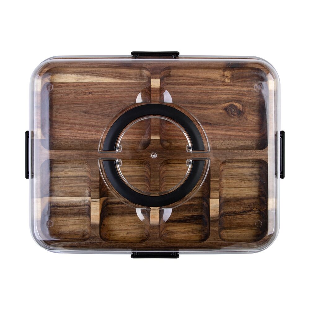 Alfresco Lane Acacia Wood 6 Compartment Rectangular Grazing Platter with Clear Clip-Lock Lid and Carry Handles - Durable Wood for Stylish Entertaining