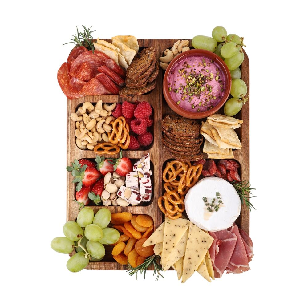 Alfresco Lane Acacia Wood 6 Compartment Rectangular Grazing Platter with Clear Clip-Lock Lid and Carry Handles - Durable Wood for Stylish Entertaining — image 2