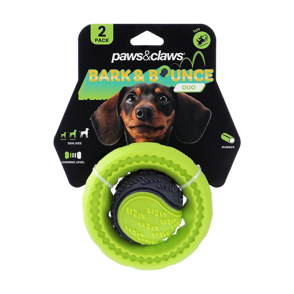 Paws and Claws Bark & Bounce Dog Ball/Ring Rubber Chew/Fetch Toy Set Asstd (2 Pieces)