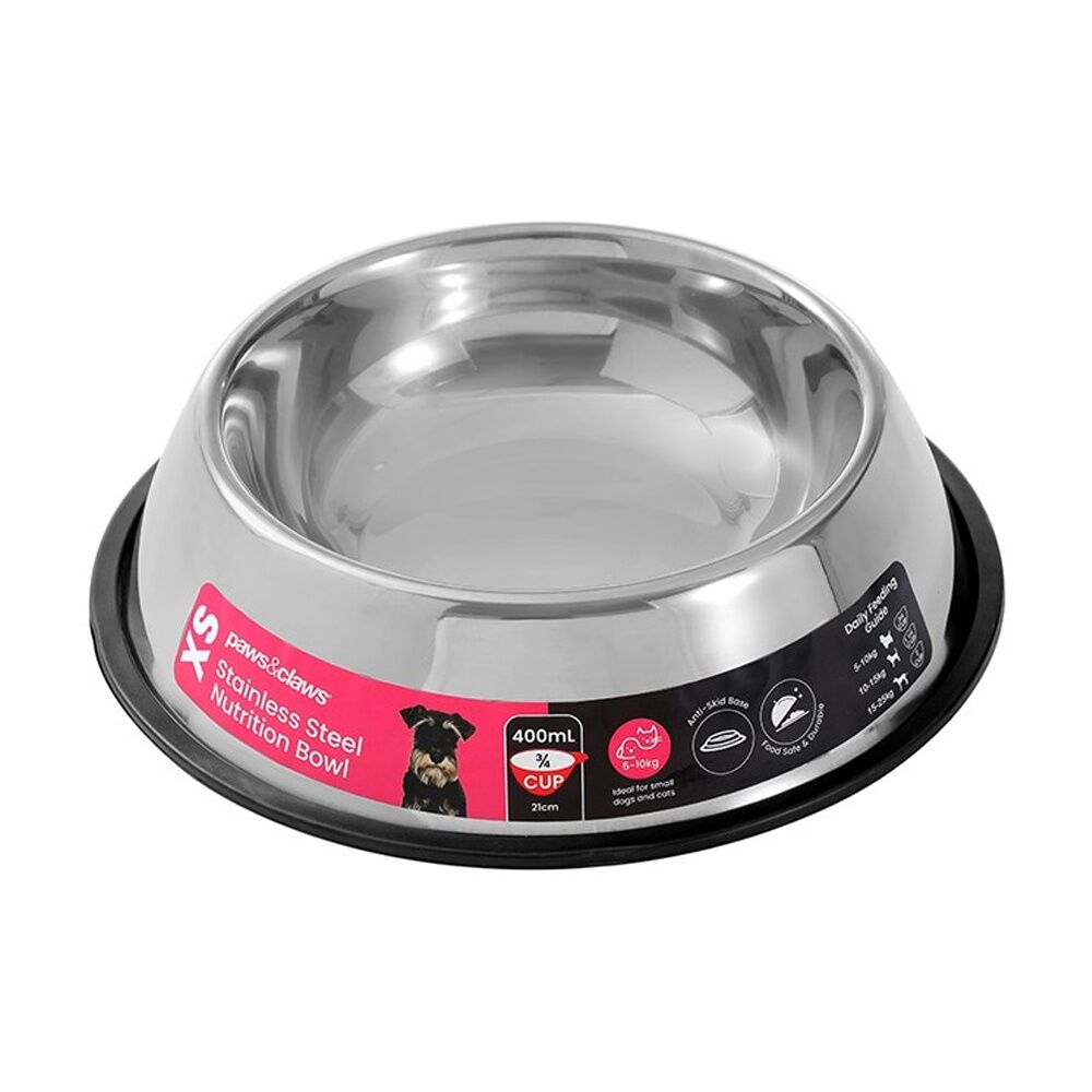 Paws and Claws 21x21x5.5cm Black Stainless Steel Pet Cat/Dog Bowl Anti-Skid 450ml