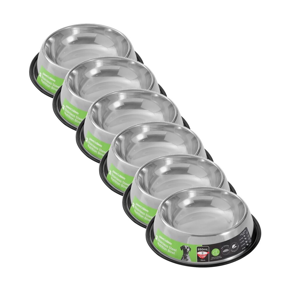 Paws and Claws Stainless Steel Pet Cat/Dog Bowl Anti-Skid 800ml Black 25x25x6cm (6 Pack)