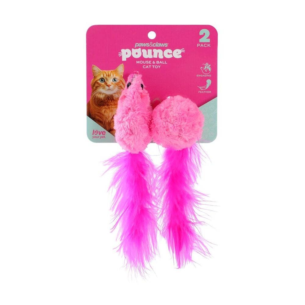 Paws and Claws Mouse & Ball Feather Cat Batting/Pouncing Toy Set Assorted (2 Pieces)