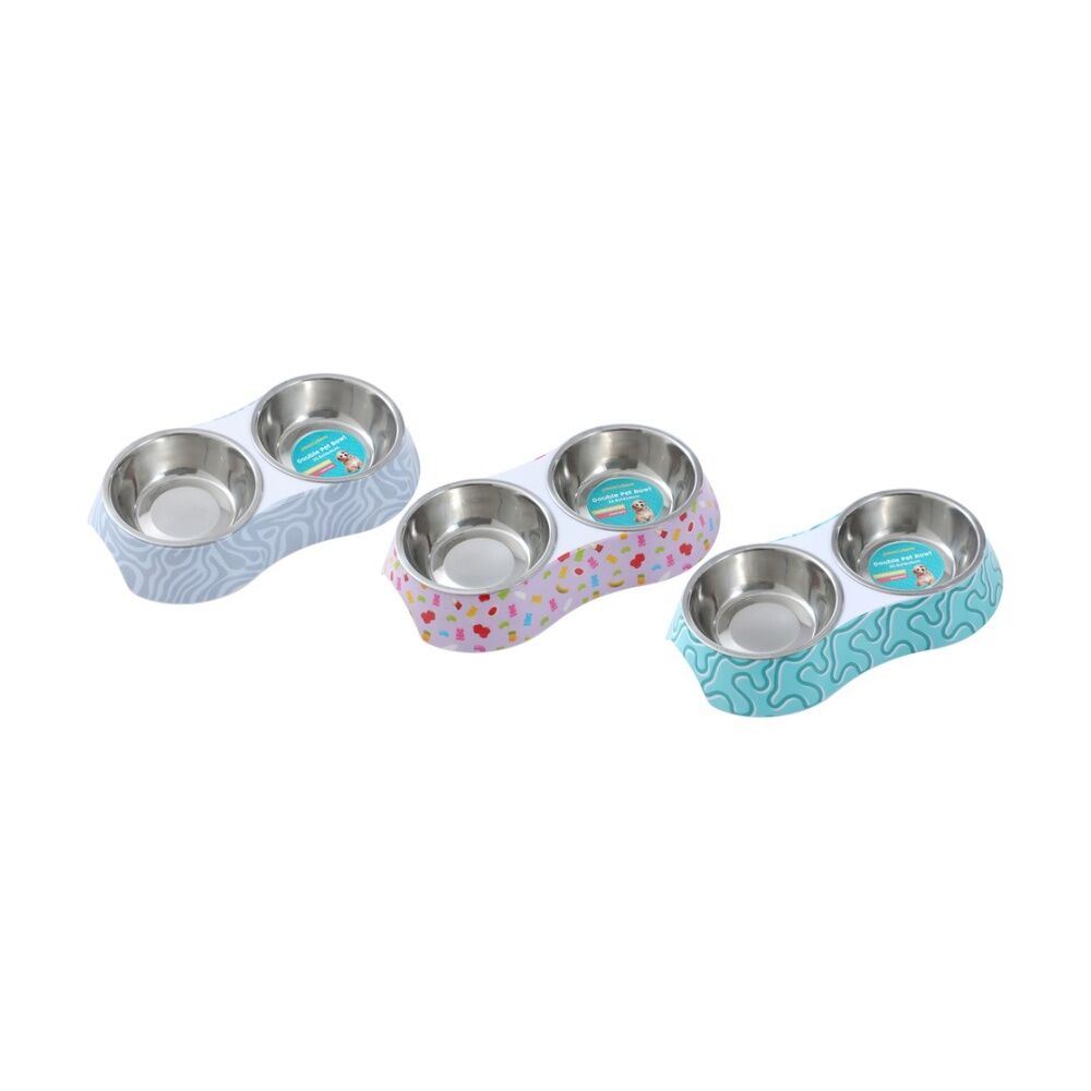 Paws and Claws Double Pet Cat Dog Bowl Melamine Steel Assorted 23.5x14x4cm — image 2