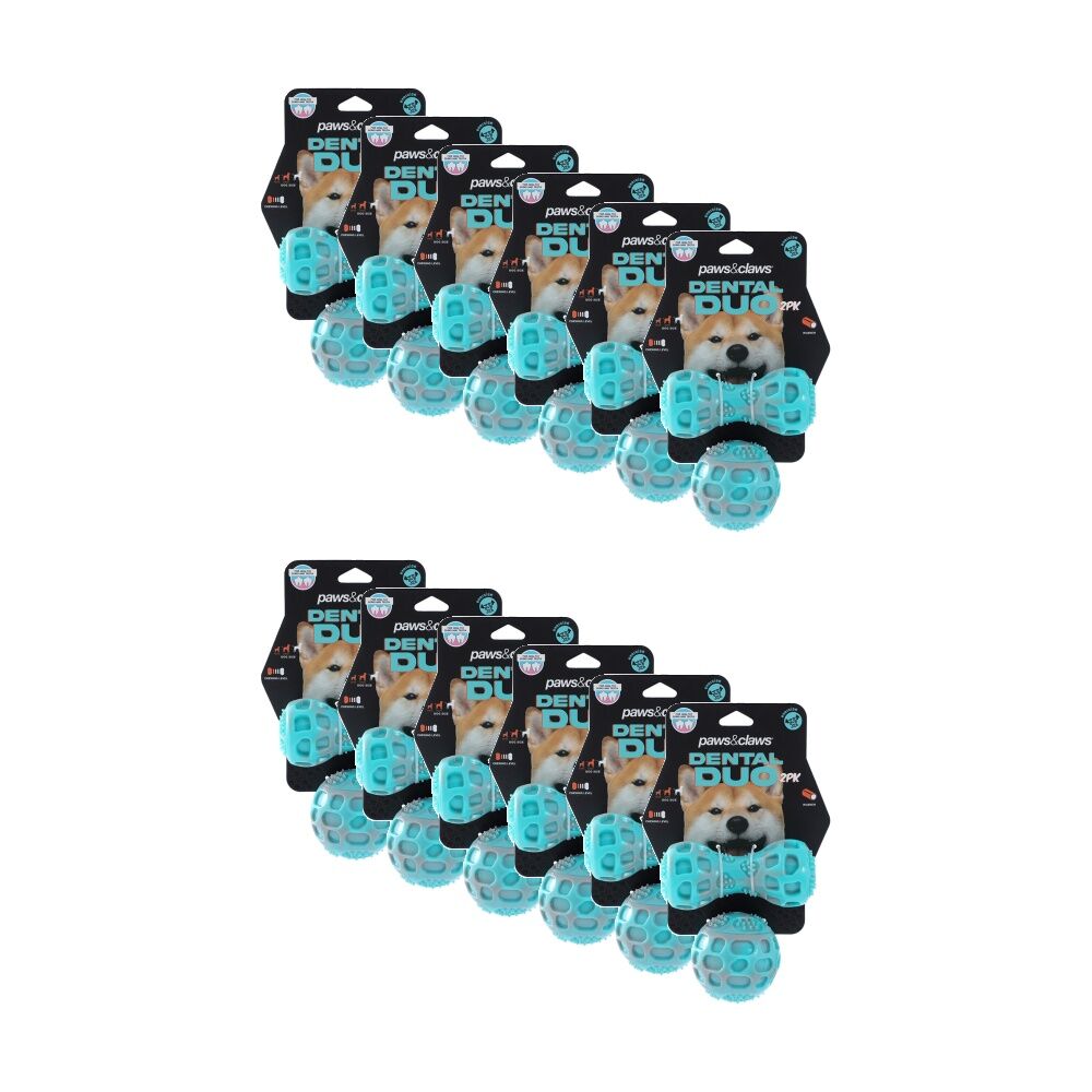 Paws and Claws Pet Dog Toy Dental Duo TPR Ball Baton Asst 13x5x5cm 7x7cm (12 Pack)
