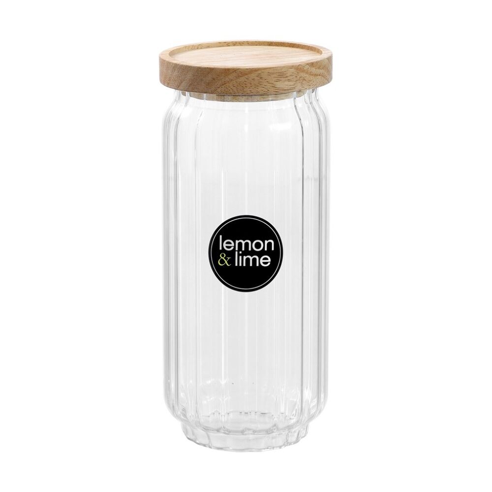 Lemon and Lime Woodend Ribbed Glass Jar 1L - Handcrafted - Durable Glass - Wooden Airtight Lid - Reusable Food Container 1L