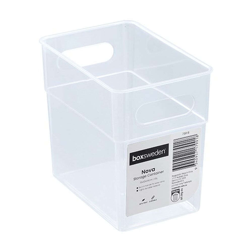 Boxsweden NOVA Storage Container 1.5L 15x10x14cm - Compact Space-Saving Design - Durable Material for Household and Office Organization Clear 1.5L