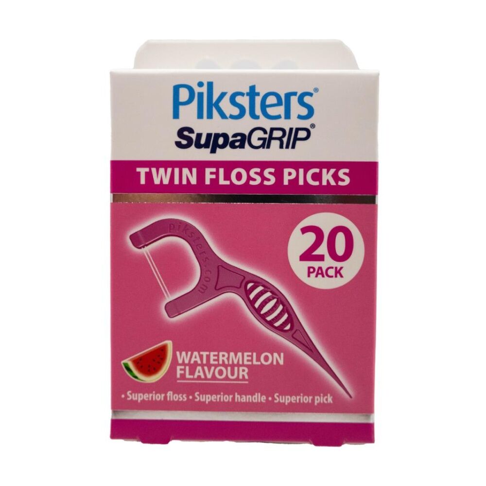 Piksters Twin Floss Picks Supa Grip Dental Oral Care Watermelon Flavour (20 Pieces)